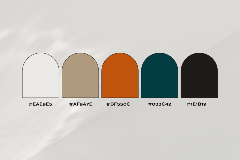 Warm beige and teal color palette.