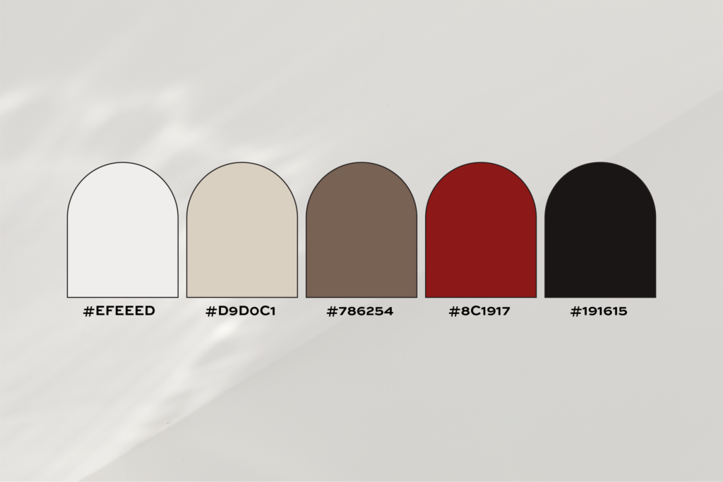 Neutrals and crimson red color palette.
